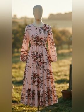 Pink Floral Long-Sleeve Maxi Dress with Gathered Waist